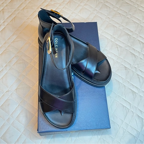 Cole Haan Shoes - Cole Haan Black Leather Crisscross Ankle Strap Sandals with Gold Buckle